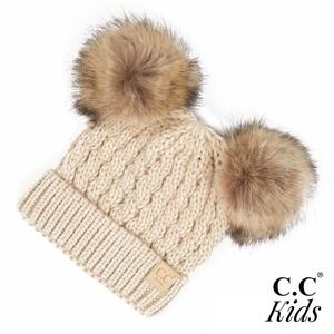 "C.C Kids NWT Cable Knit Double Pom Beanie • Cozy Winter Faux Fur Ear Hat"